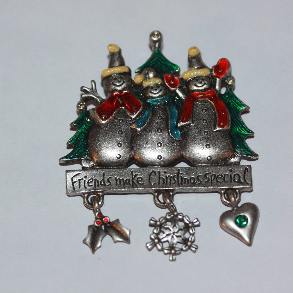 AJMC Signed Vintage Pin Brooch Christmas Snowman Friends Dangle Charm
